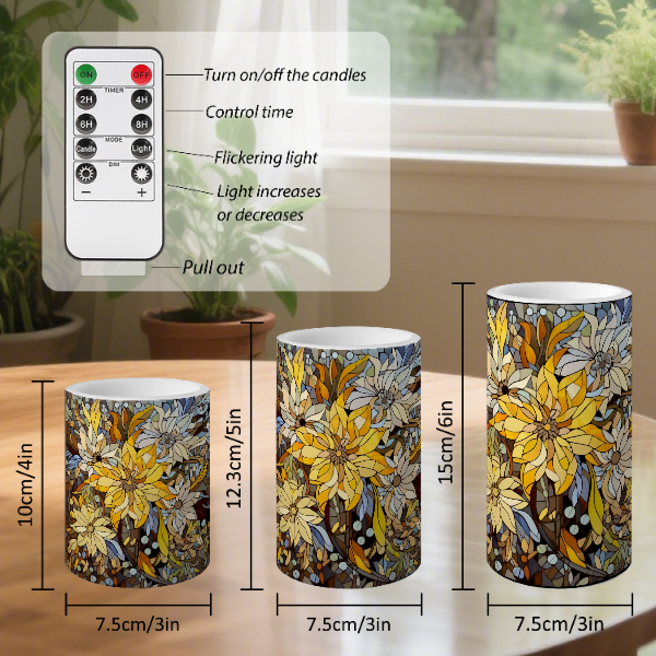 Floral Pattern Striped Flameless Pillar LED Candle Set of 3: HH7