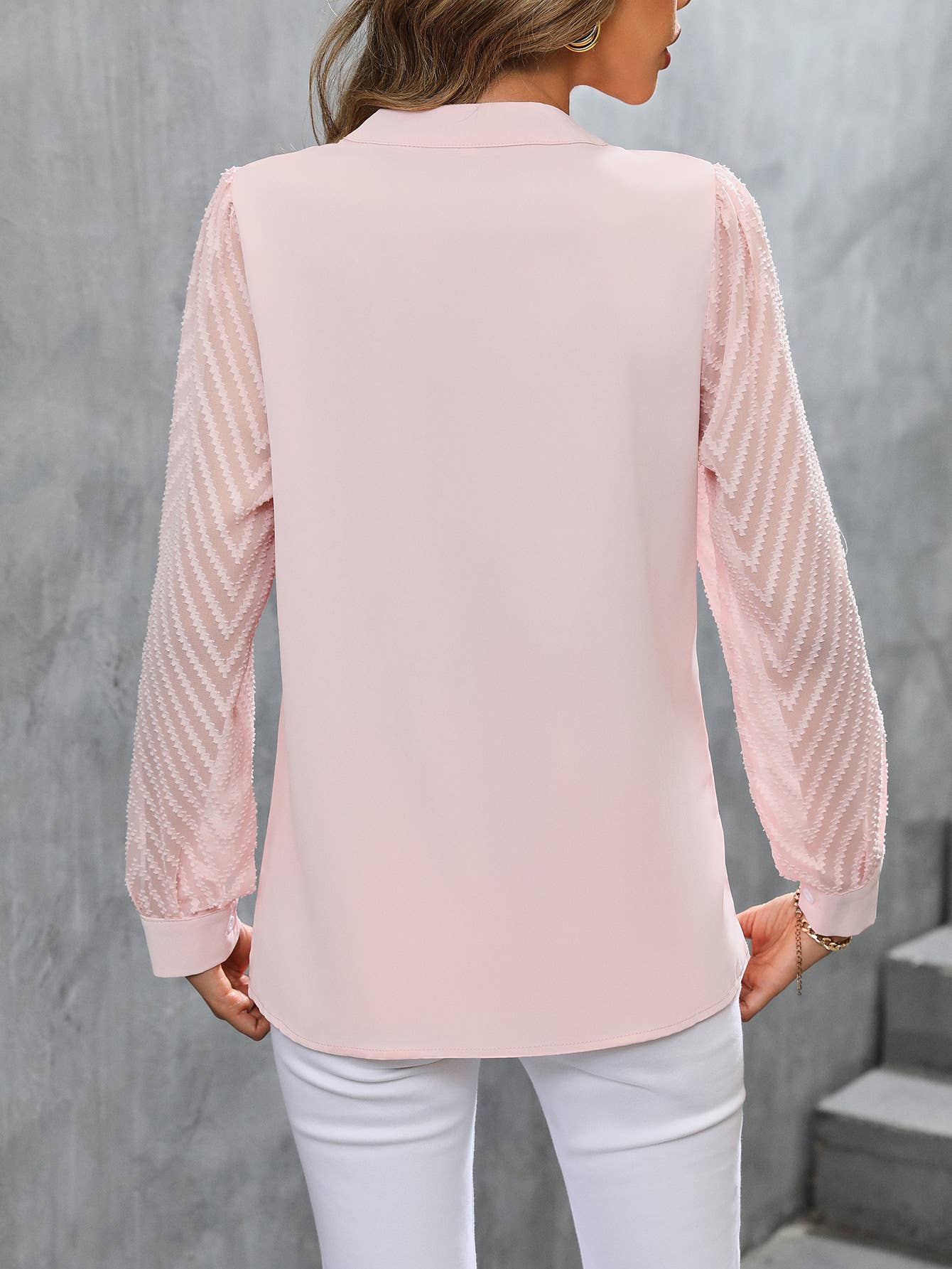 Sheer Chevron Sleeve Split Neck Blouse: White / M