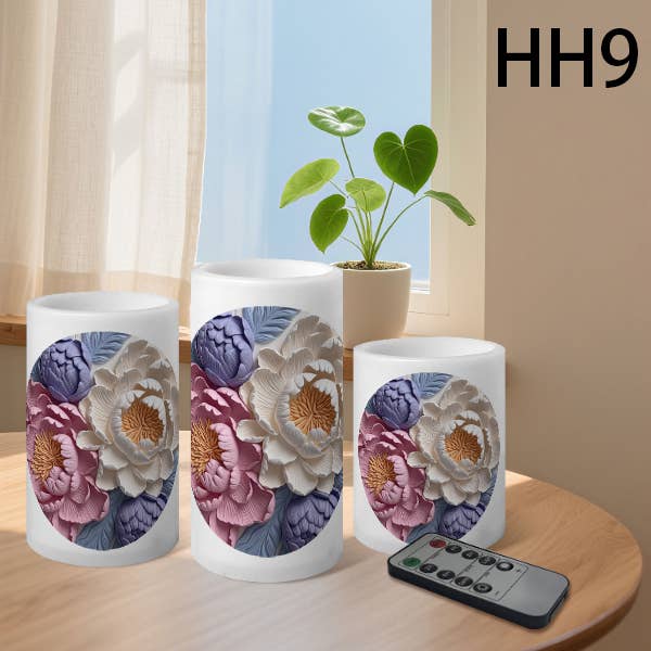 Floral Pattern Striped Flameless Pillar LED Candle Set of 3: HH7