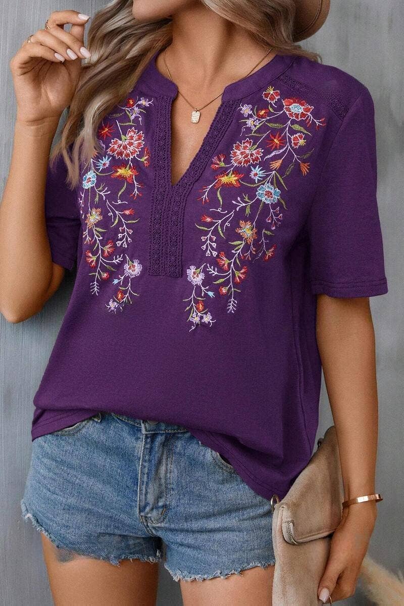 EMBROIDERY PATCHWORK LACE LACE SHORT SLEEVE TOP: ARMYGREEN / (M)