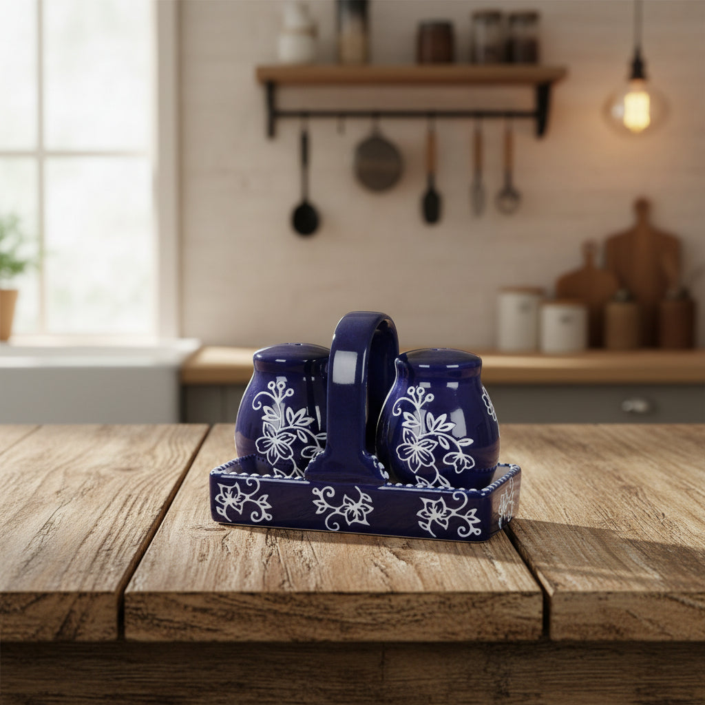 Salt and Pepper Shakers with Holder-Floral Lace Blue