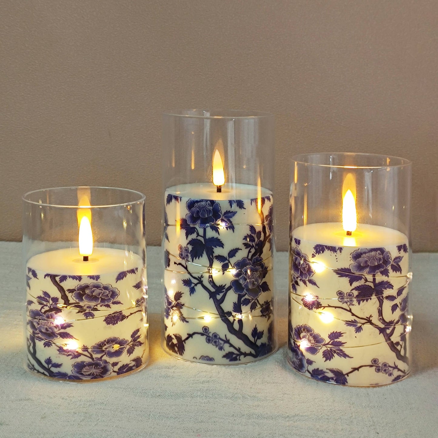 Blue White Porcelain Copper Wire Flameless Candle Set of 3