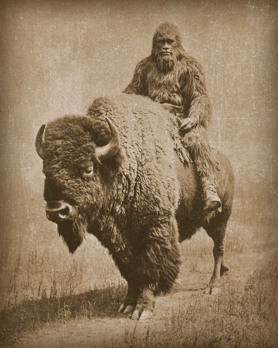 Bigfoot Riding a Bison Wilderness Art Print - 8"x10" Artwork for 11"x14" Frame