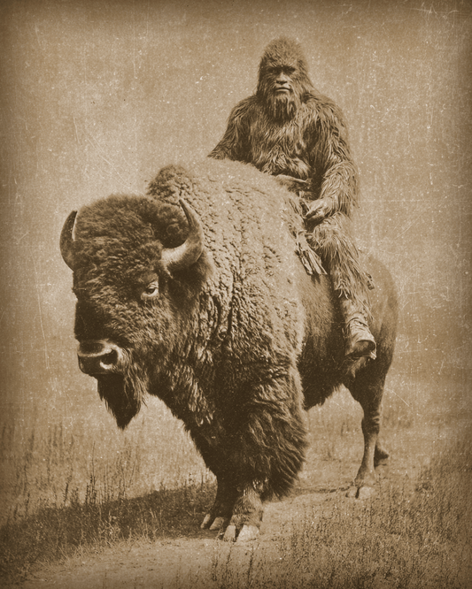 Bigfoot Riding a Bison Wilderness Art Print - 8"x10" Artwork for 11"x14" Frame