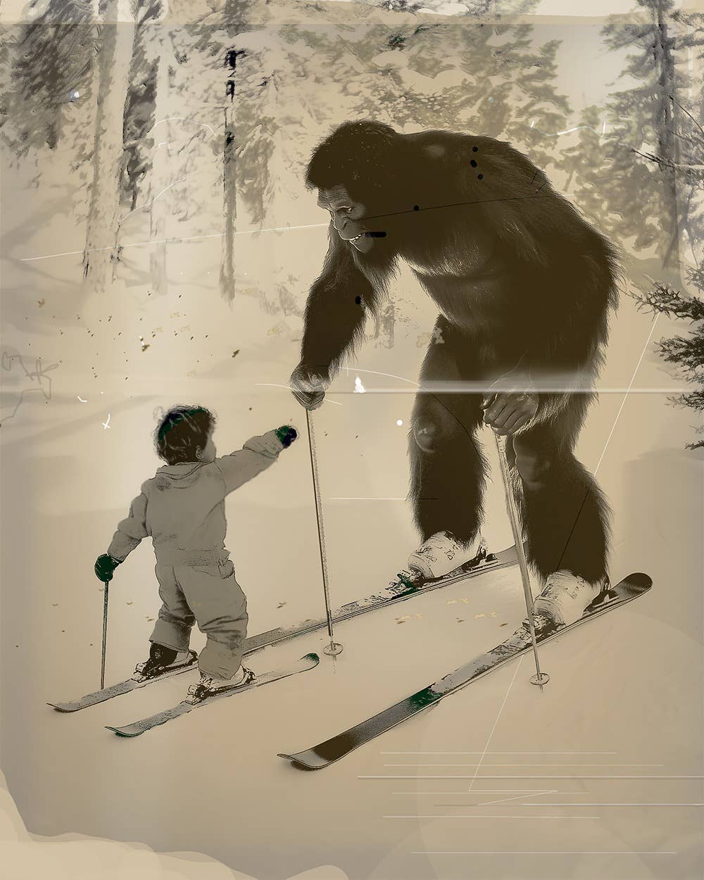 Bigfoot Ski Lesson - Sasquatch Cryptid Art Prints - 8"x10" Art Print for 11"x14" Frame