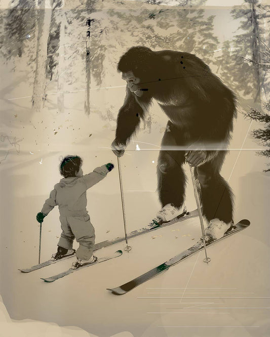 Bigfoot Ski Lesson - Sasquatch Cryptid Art Prints - 8"x10" Art Print for 11"x14" Frame