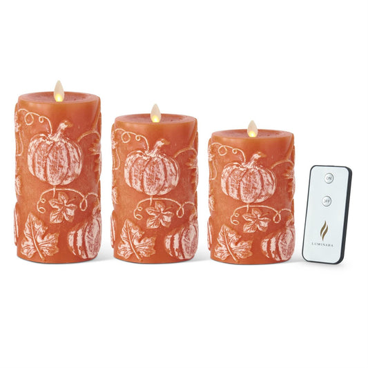 Set of 3 Orange Pumpkin Embossed Wax Indoor Pillar Luminara Candles w/Re