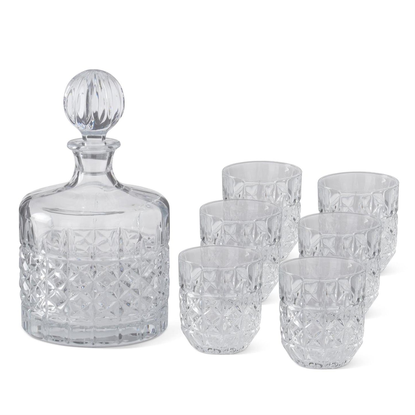 Set of 7 Pressed Glass Decanter & Lowball Drinking Glasses