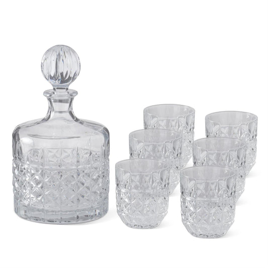 Set of 7 Pressed Glass Decanter & Lowball Drinking Glasses