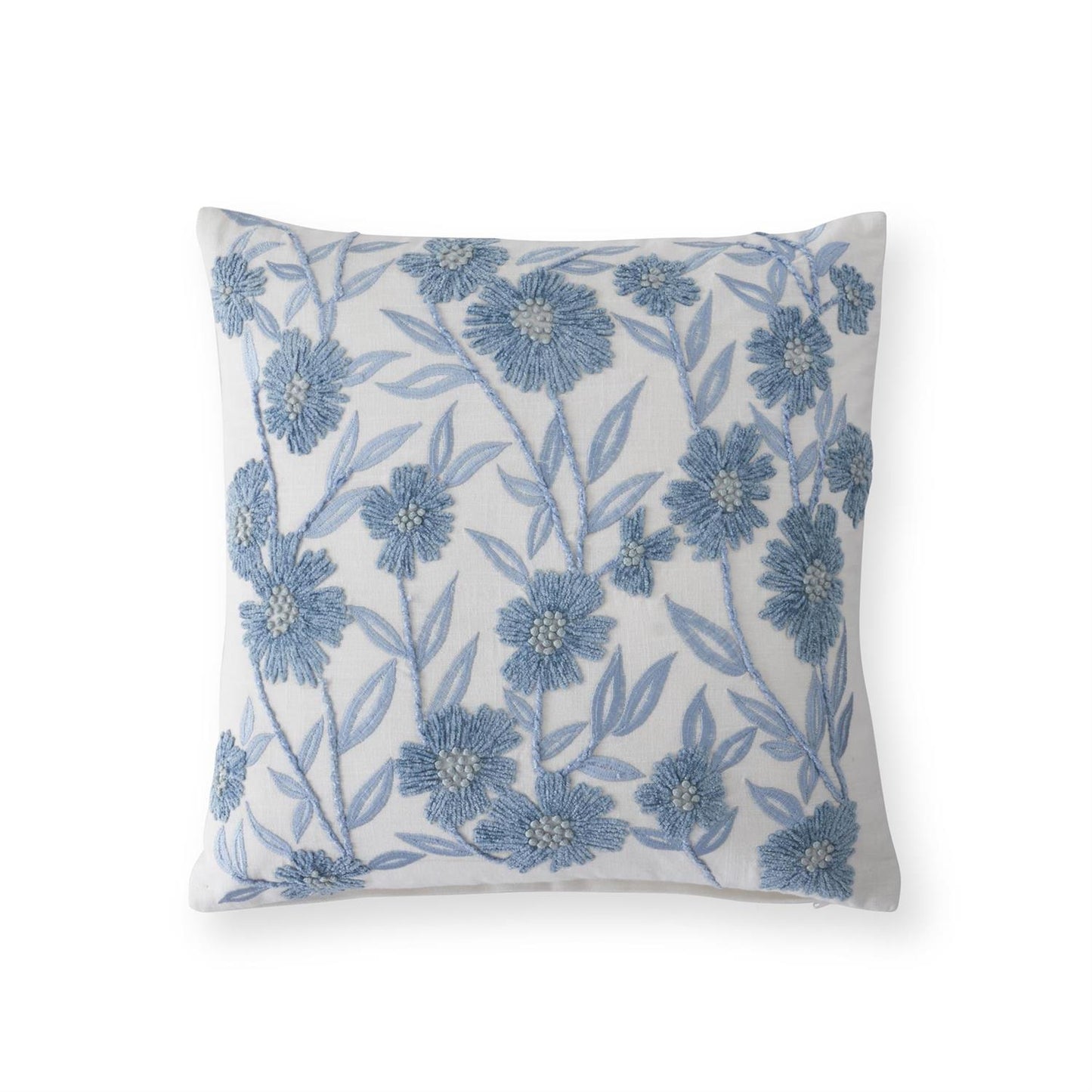 18 in. square white linen and blue embroidered floral pillow