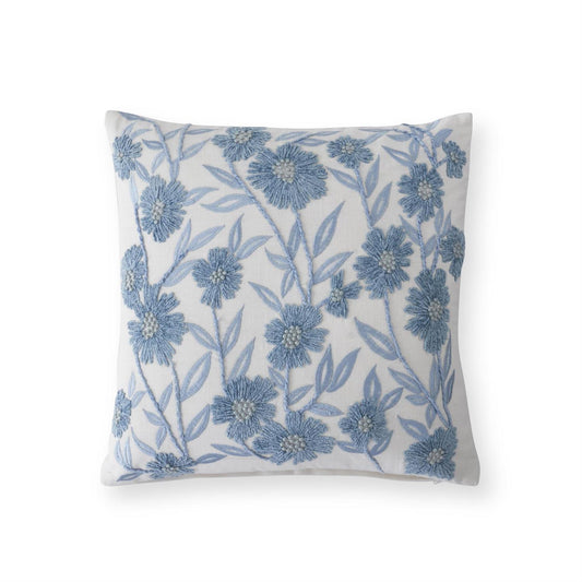 18 in. square white linen and blue embroidered floral pillow