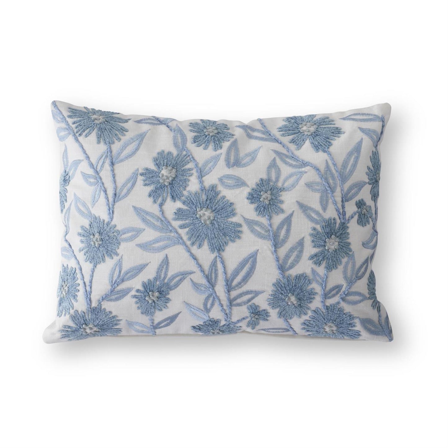 14 inch lumbar white linen and blue embroidered floral pillow