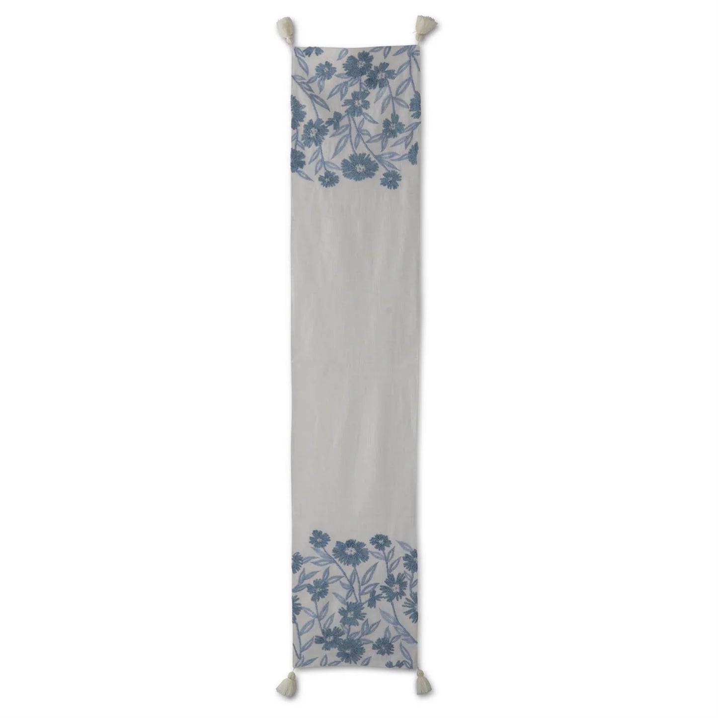 72 Inch White Linen & Blue Embroidered Floral Table