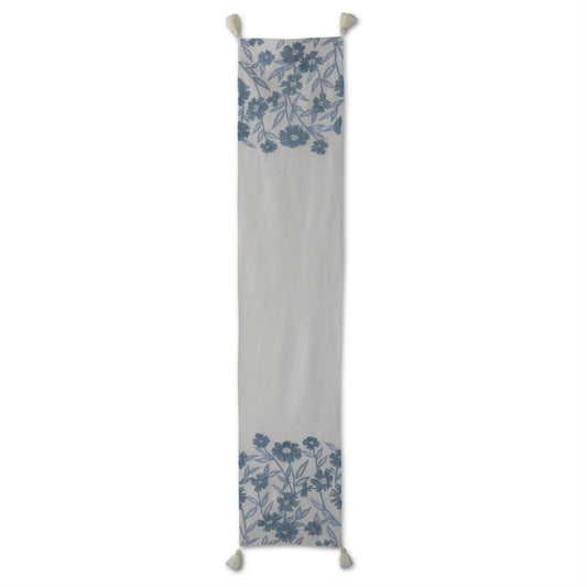 72 Inch White Linen & Blue Embroidered Floral Table