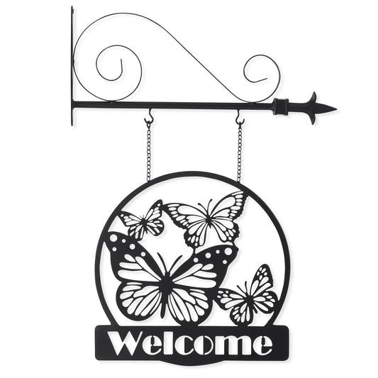 13 Inch Black Metal Cutout Butterfly WELCOME Sign