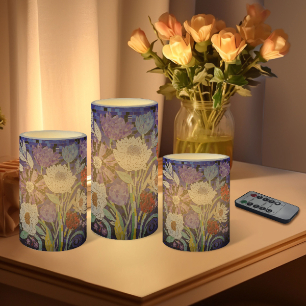Floral Pattern Striped Flameless Pillar LED Candle Set of 3: HH7