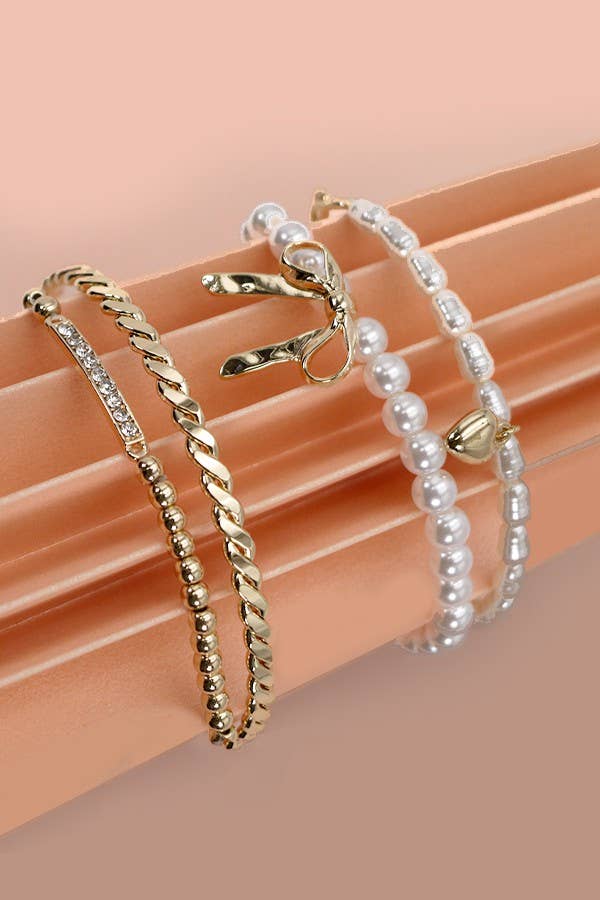 BOW PEARL RHINESTONE BAR STRETCH BANGLE SET | 80B137: GOLD
