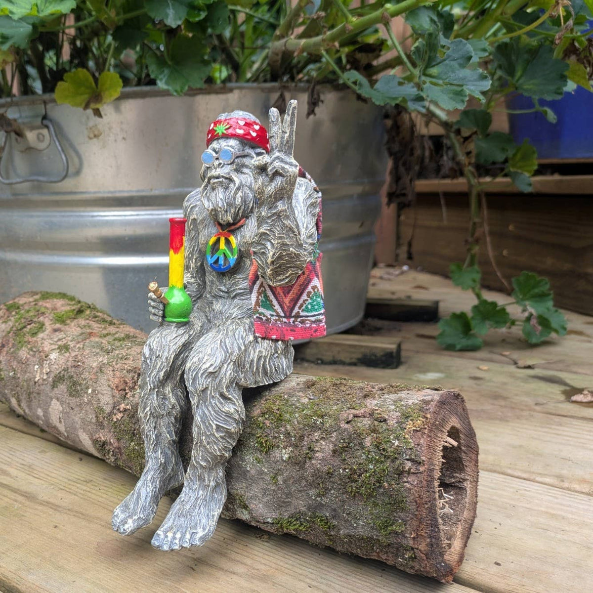 Hippie Bigfoot Sasquatch with Bohemian Bag Statue: Stonegray