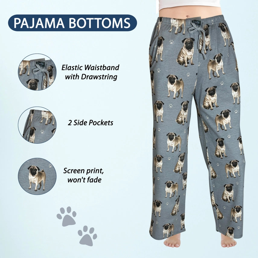 Pug Pajama Bottoms - Pet Lover Pajama Pants  Large