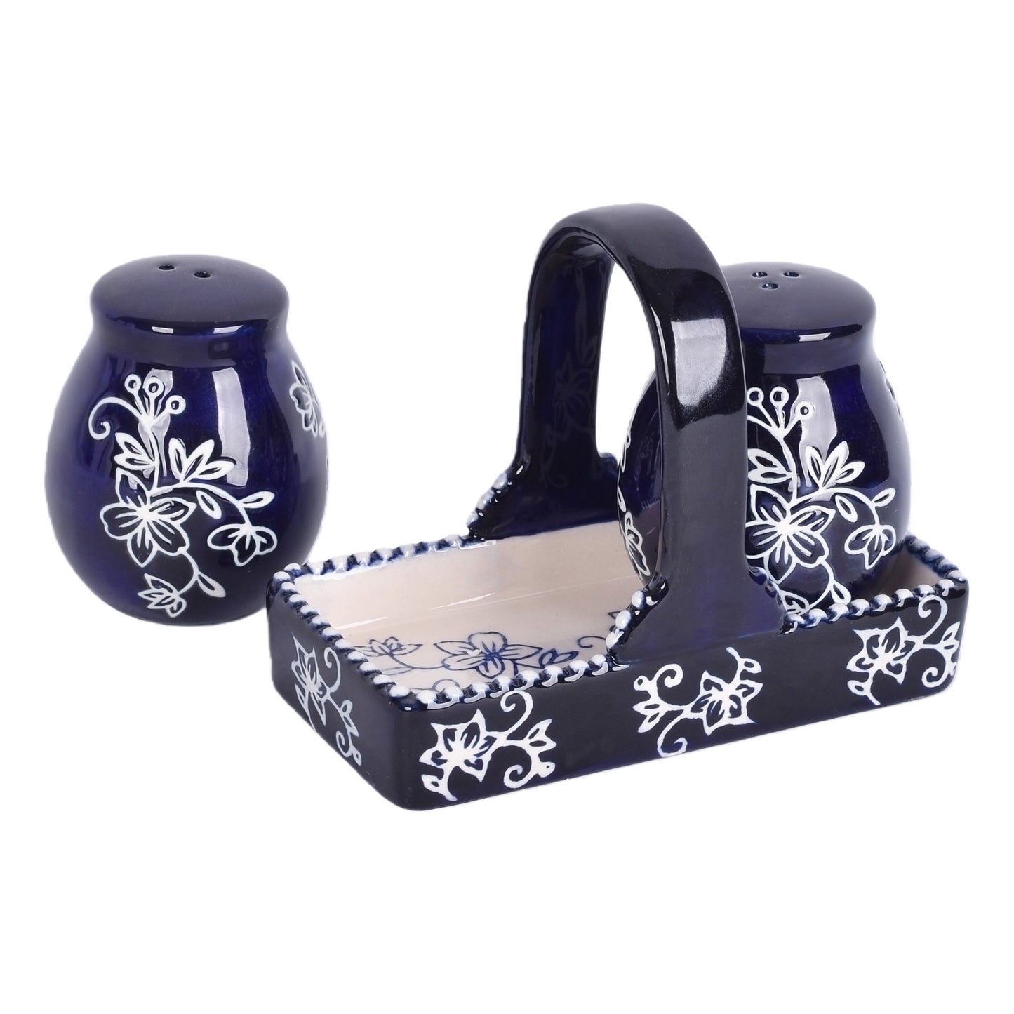 Salt and Pepper Shakers with Holder-Floral Lace Blue