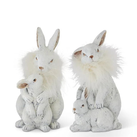 White Resin Rabbit & Bunnies With Feather