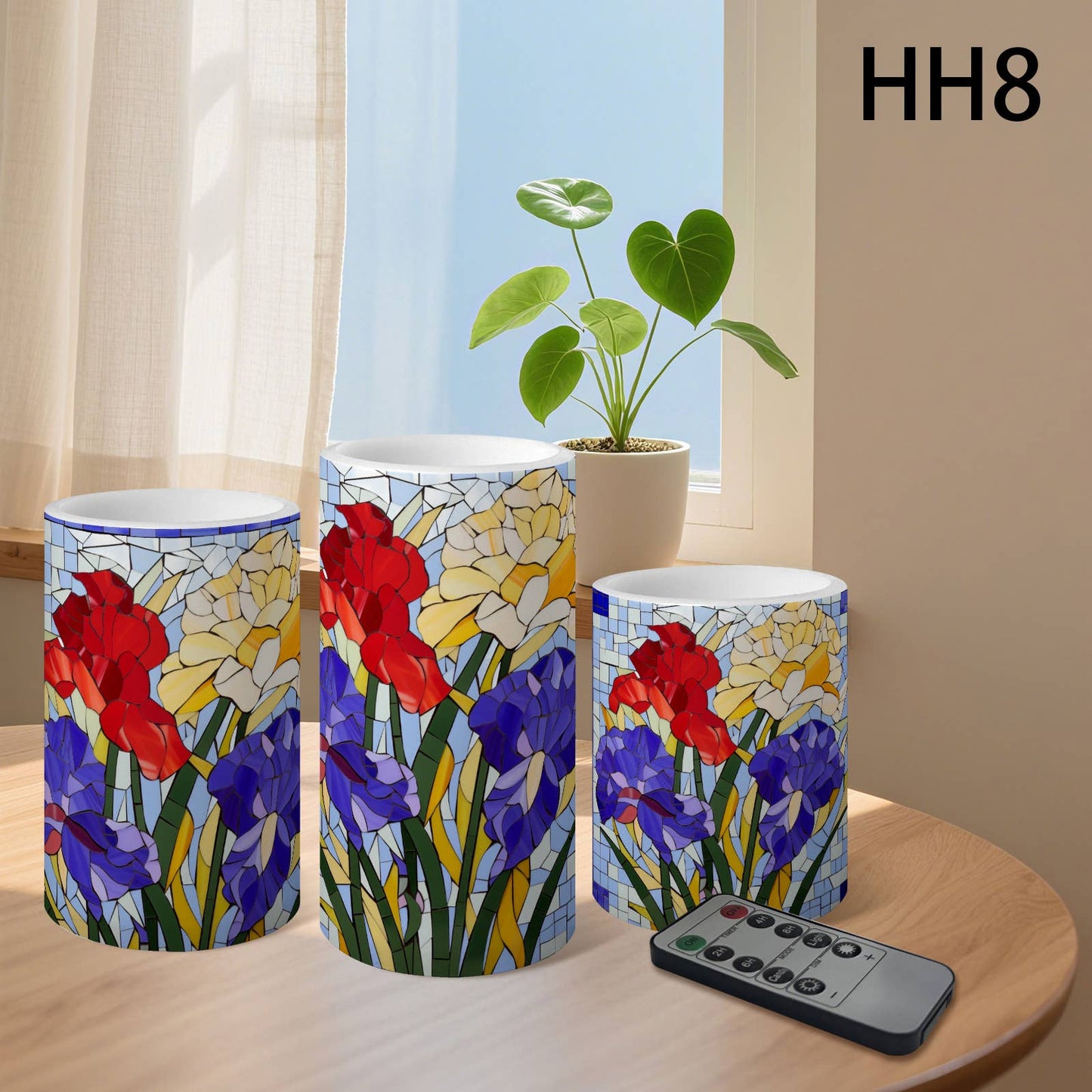 Floral Pattern Striped Flameless Pillar LED Candle Set of 3: HH7