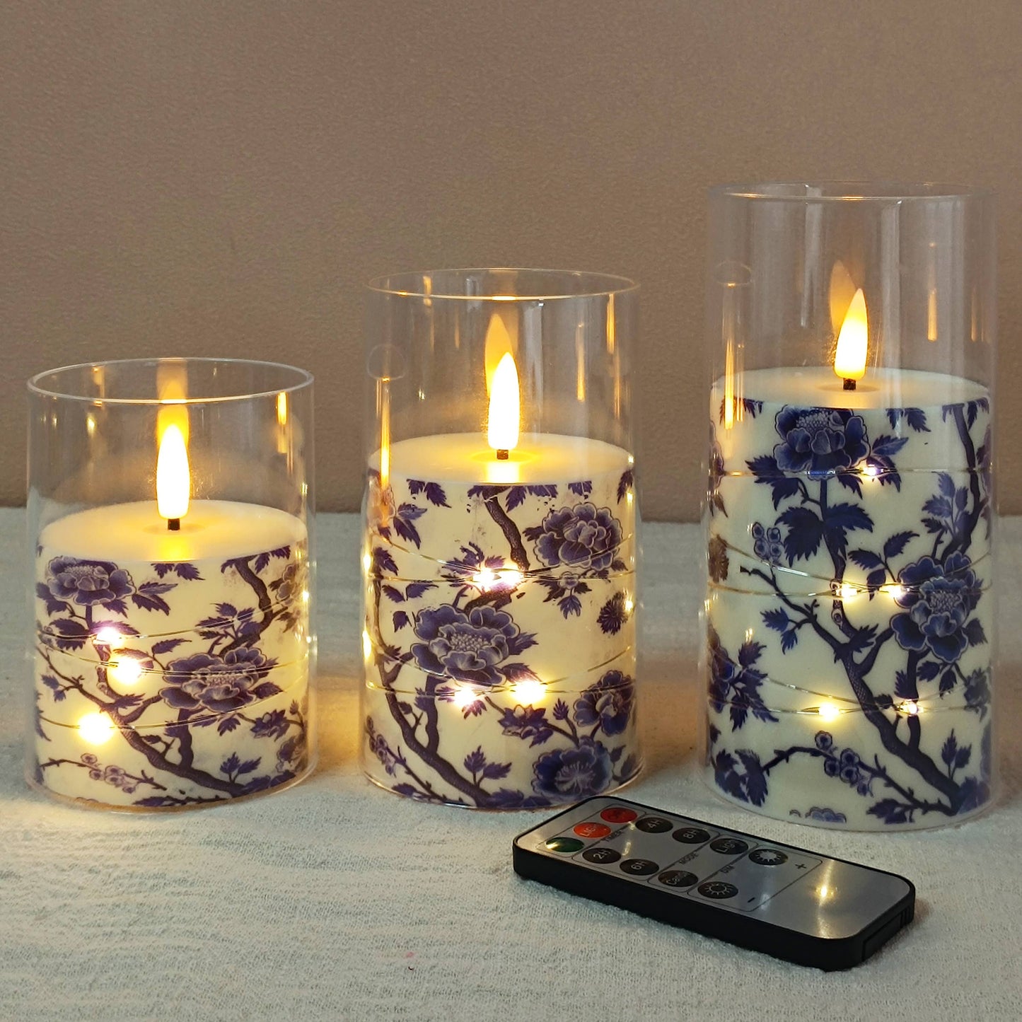 Blue White Porcelain Copper Wire Flameless Candle Set of 3