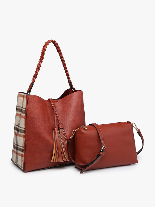 Dina Plaid Contrast Tote w/ Tassel | M2175PLD : Rust/Cream