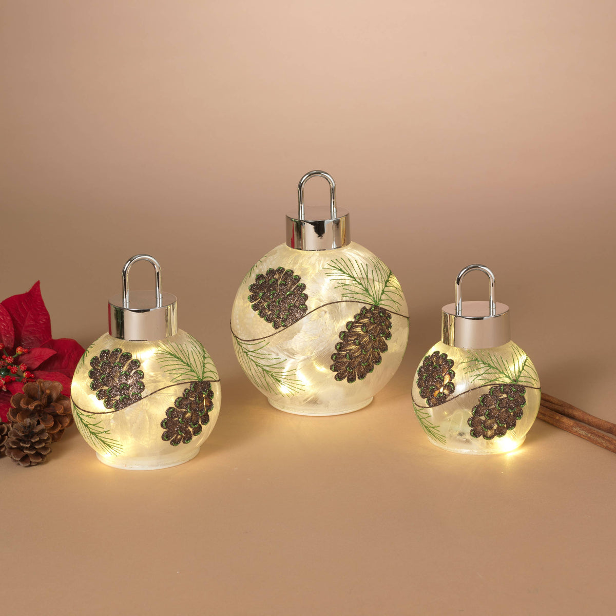 Christmas Set of 3 Lighted Frosted Glass Pinecone Luminaries with Timer