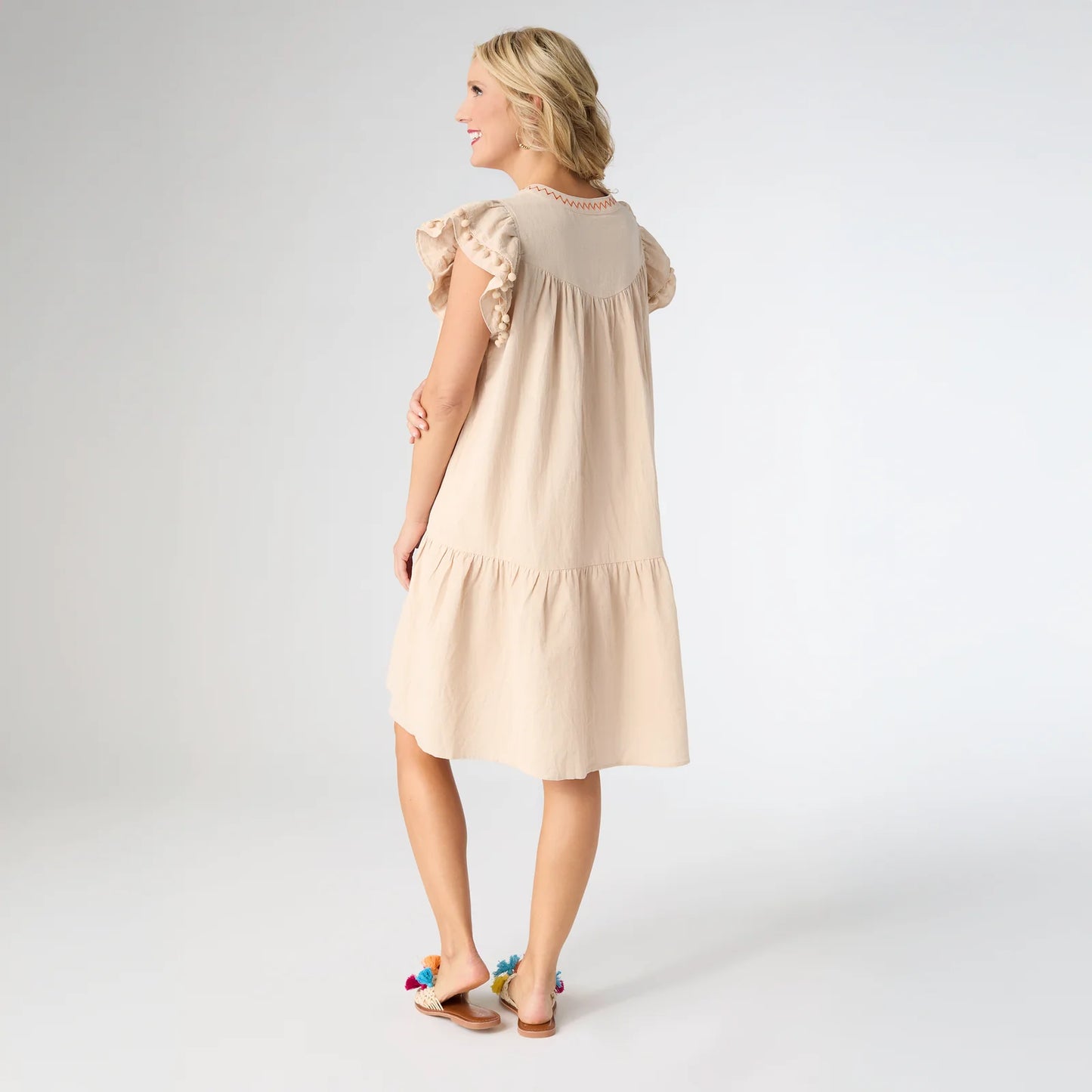 Freya Embroidered Dress with Flutter Sleeve - Beige S/M