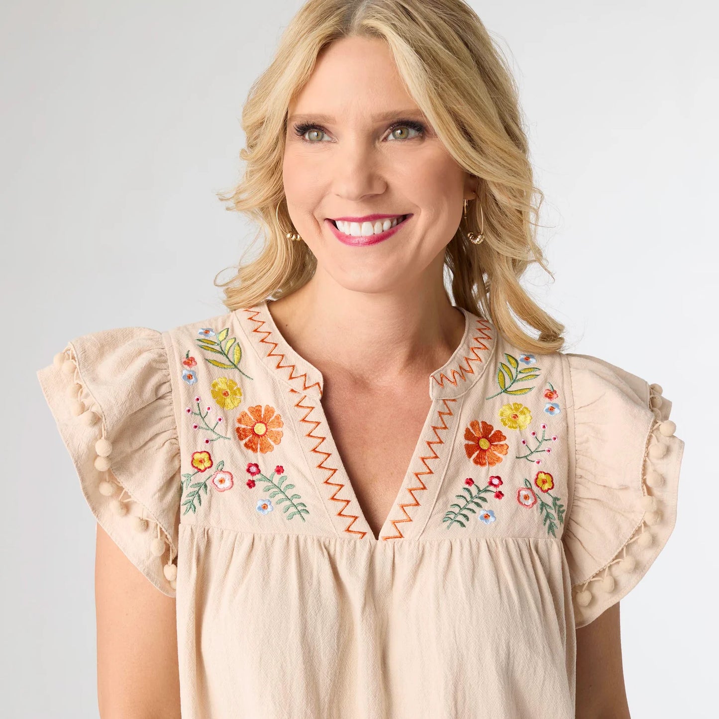 Freya Embroidered Dress with Flutter Sleeve - Beige L/XL