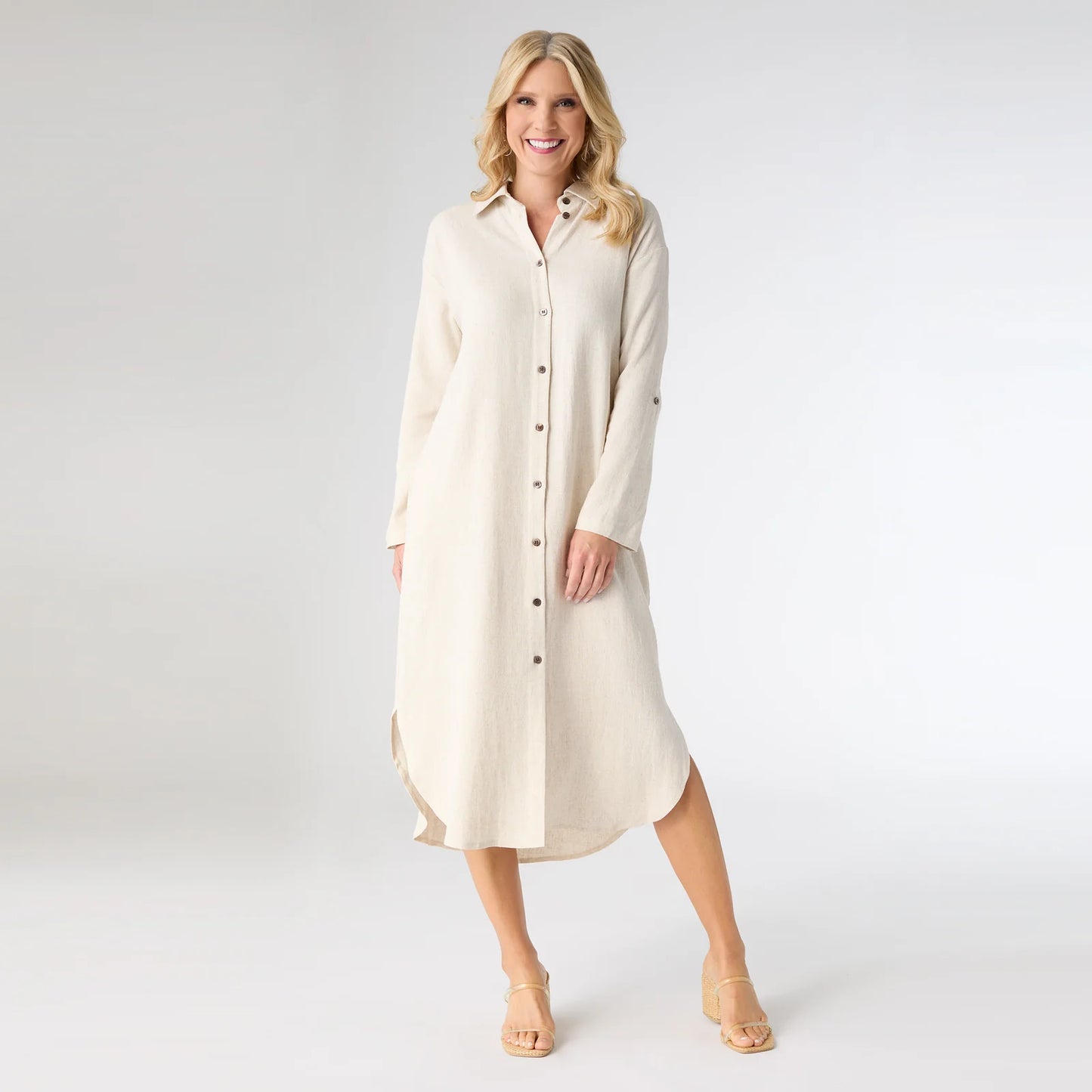 Keira Long Sleeve Dress with Black Button Detail - Natural S/M