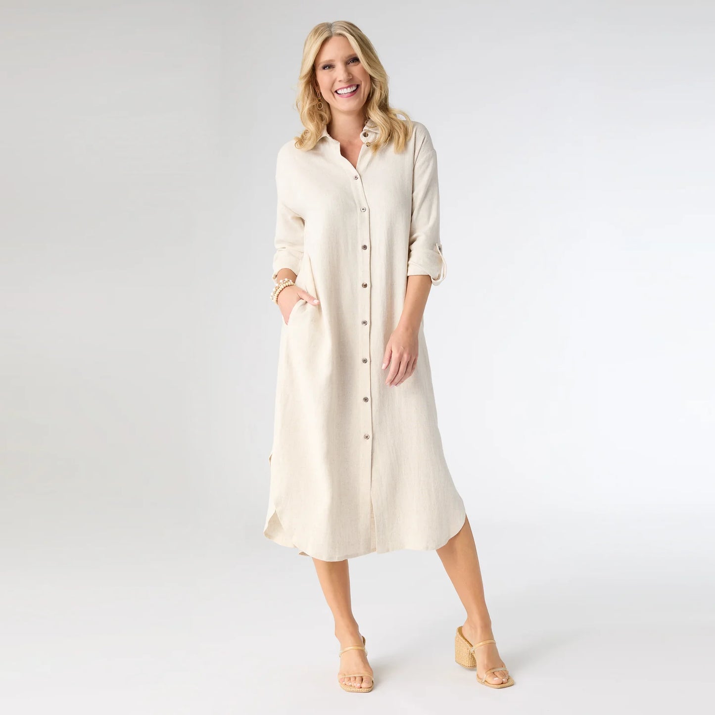 Keira Long Sleeve Dress with Black Button Detail - Natural S/M