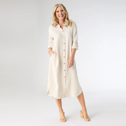 Keira Long Sleeve Dress with Black Button Detail - Natural S/M