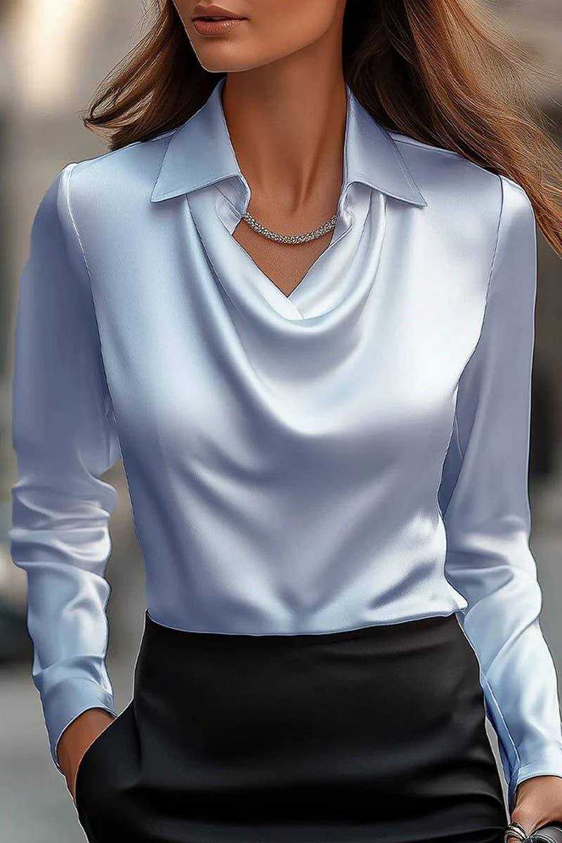 DRAPED NECK LONG SLEEVE BLOUSE: KHAKI / (XXL)