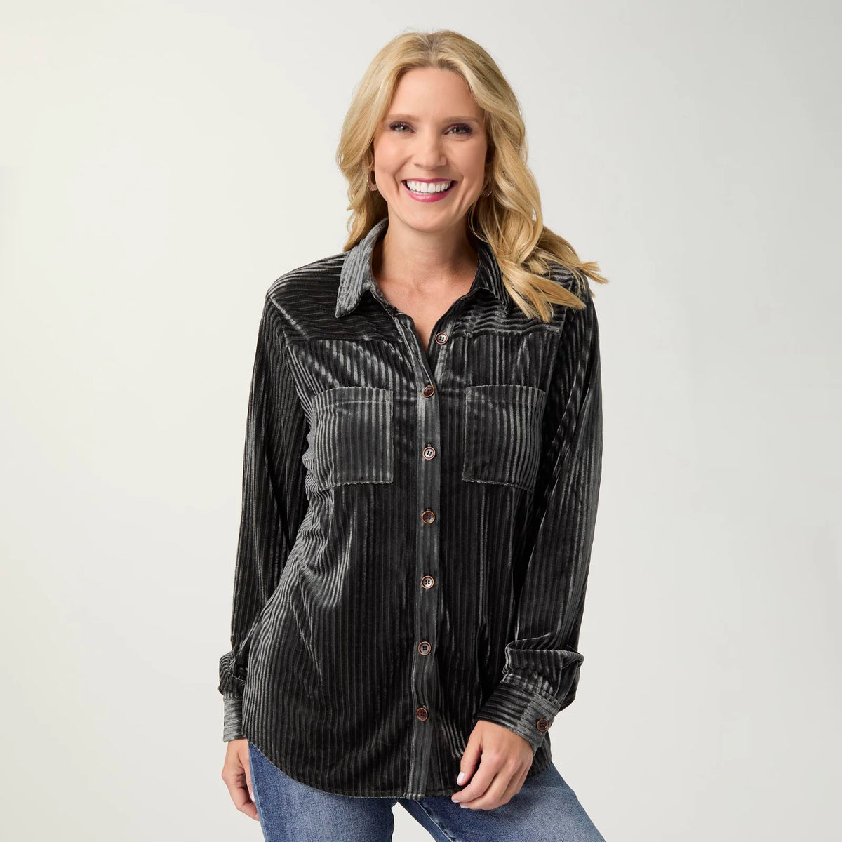 Ruthie Ribbed Velour Button Front Top