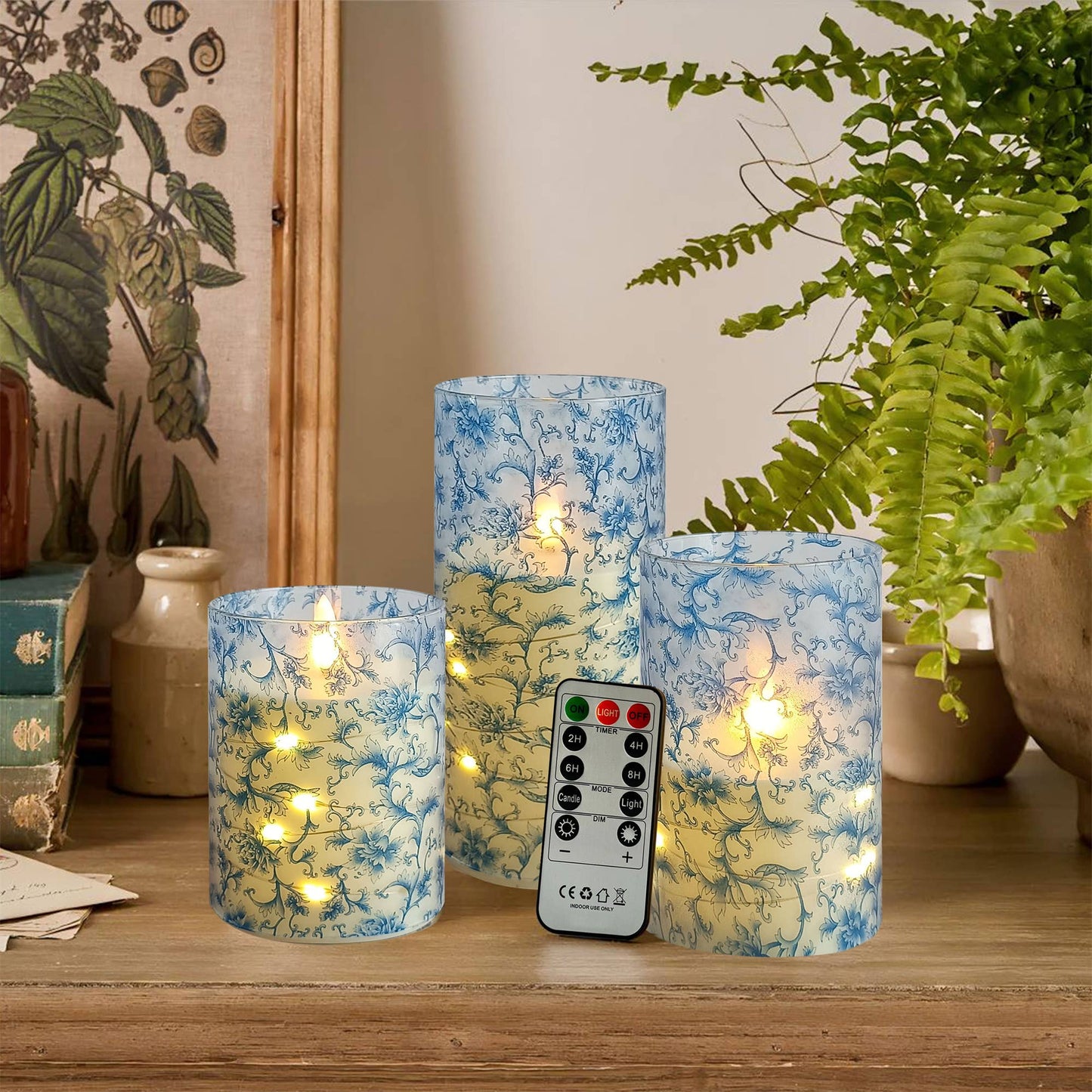 Set of 3 Floral Printed Home Decor Flameless LED Candles