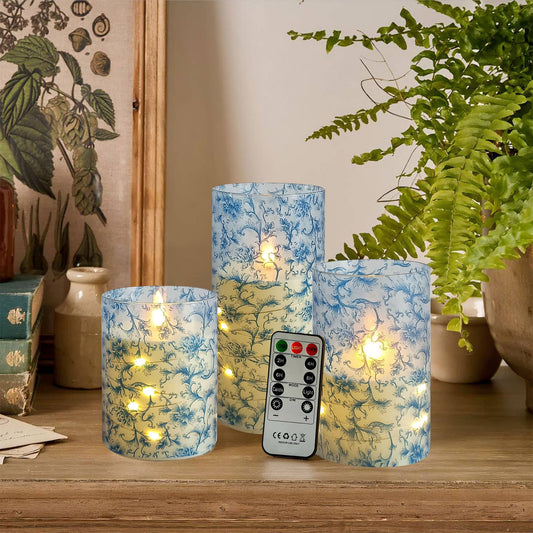 Set of 3 Floral Printed Home Decor Flameless LED Candles