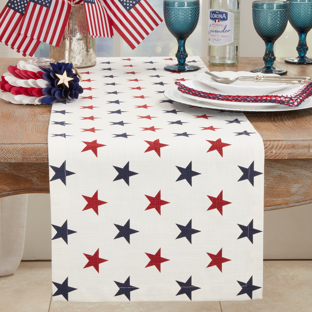 Red & Blue Stars Cotton 14"x72" White Table Runner