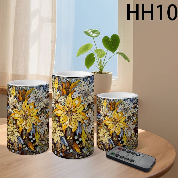 Floral Pattern Striped Flameless Pillar LED Candle Set of 3: HH7