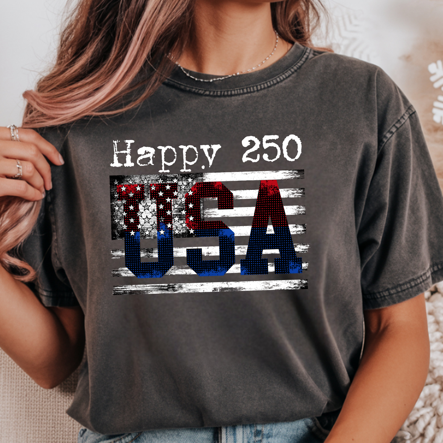 Happy 250 USA Patriotic Unisex T-Shirt Universary USA Tee: Dark Heather / L