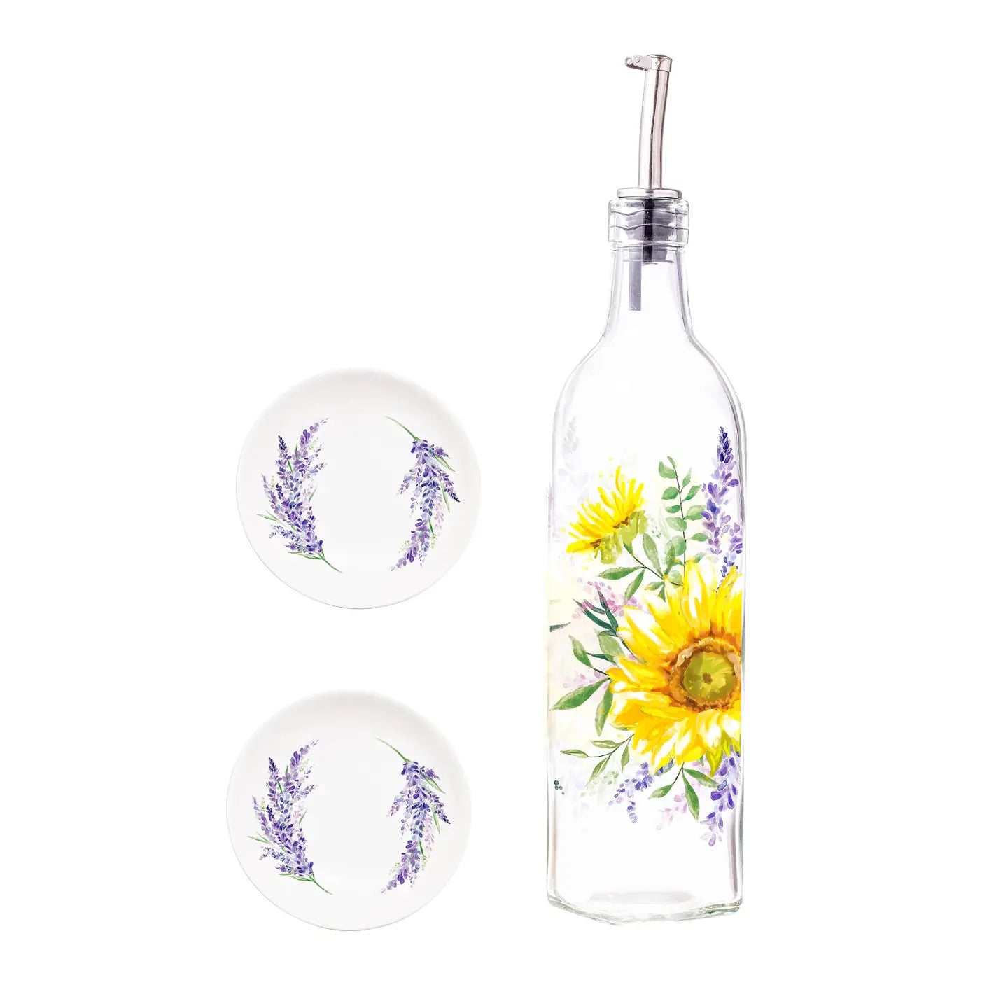 Lavender Fields Glass Oil Bottle with Ceramic Dip Dishes