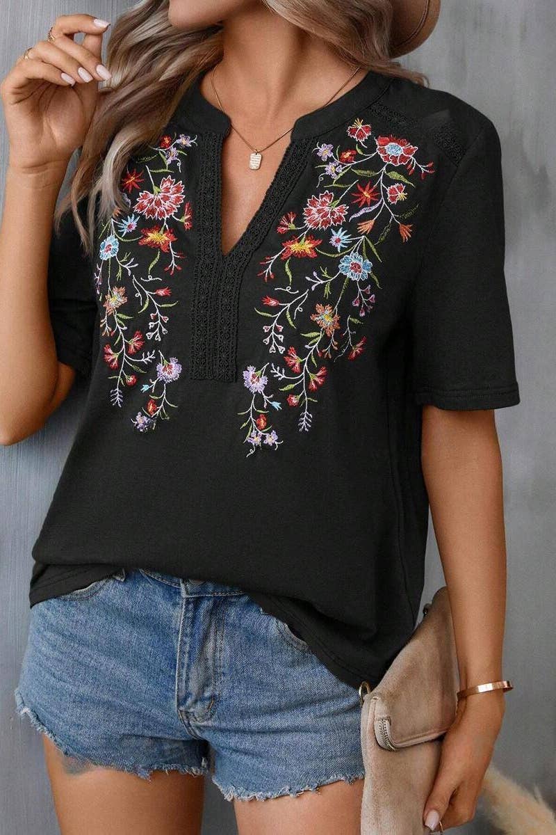 EMBROIDERY PATCHWORK LACE LACE SHORT SLEEVE TOP: ARMYGREEN / (S)