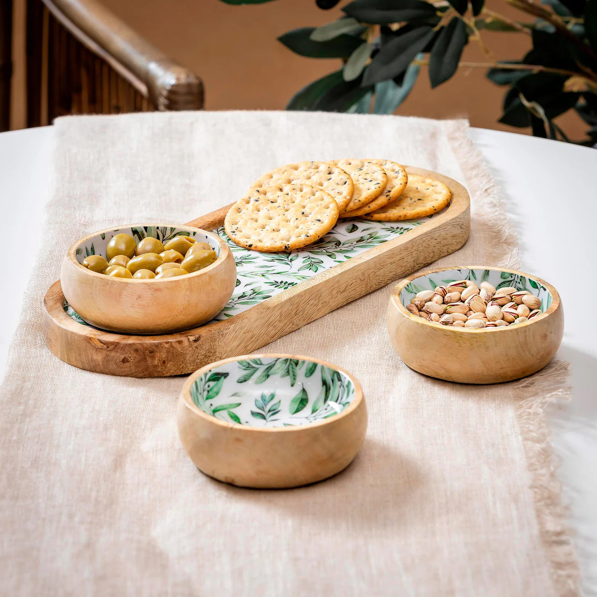 Olive Oasis-3 Section Wood Server w/Bowls