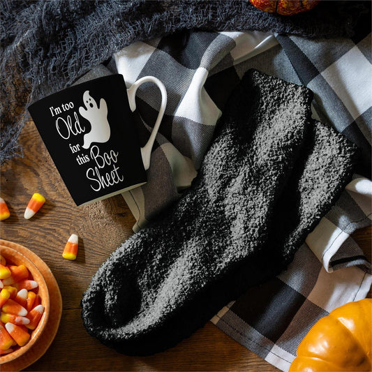 “I’m Too Old For This Boo Sheet” Ceramic Cup & Black Socks