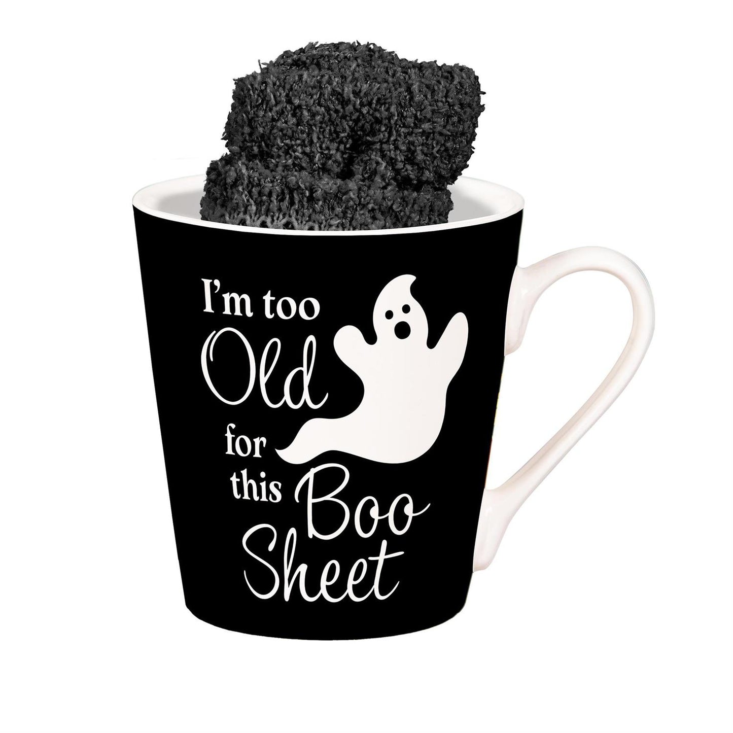 “I’m Too Old For This Boo Sheet” Ceramic Cup & Black Socks