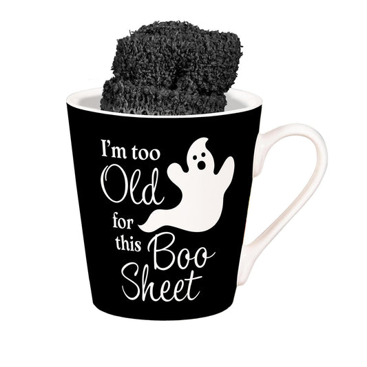 “I’m Too Old For This Boo Sheet” Ceramic Cup & Black Socks