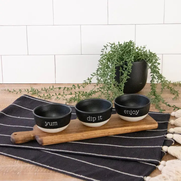 Wood Serving Tray with Stoneware Dip Bowls (Set)
