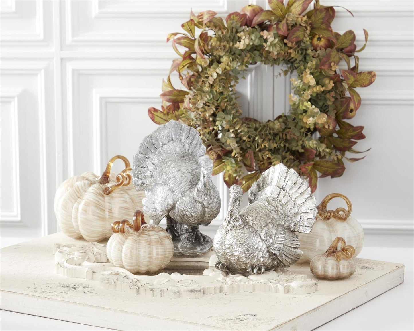 Set of 3 Cream and Gold Swirl Handblown Glass Pumpkins