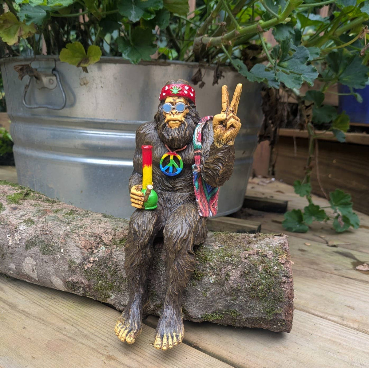 Hippie Bigfoot Sasquatch with Bohemian Bag Statue: Stonegray